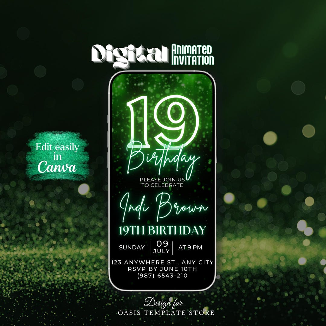 Digital 19th Birthday Invitation, Green Glitter Digital Evite, 19th ...