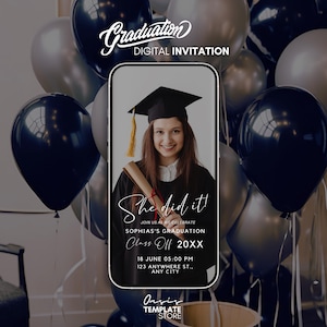 Invitación de graduación &quot;Lo hizo&quot;, invitación digital editable para fiesta de graduación, anuncio de graduación universitaria, plantilla digital de graduación