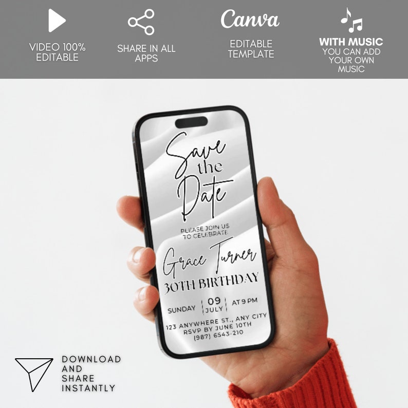 Pu&ograve; includere: Un invito digitale per una festa di compleanno per il 30&deg; anniversario. L'invito &egrave; stilizzato come uno schermo di telefono con sfondo bianco e testo nero. Il testo recita "Save the Date" e "Grace Turner 30th Birthday". La data e l'ora della festa sono elencate come "Domenica, 09 luglio alle 21:00". La posizione &egrave; elencata come "123 Anywhere St., Any City". La data di RSVP &egrave; elencata come "10 giugno". Il numero di telefono &egrave; elencato come (987) 6543-210.