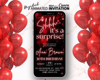 Surprise Birthday video invitation, Red glitter invite, Surprise Digital invitation, animated template invite, Shhh it&#39;s a surprise invite