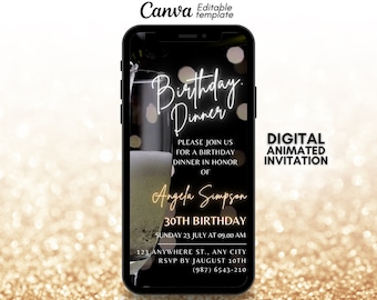 Birthday Dinner party video invitation, Gold glitter invite, Electronic Phone Text, Champagne Celebration Dinner, Dinner invitation