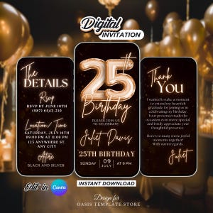 25th Birthday Bronze Video Invitation, Editable Digital Party Evite, Canva Template, Modern Birthday Card, Milestone Celebration, canva evit