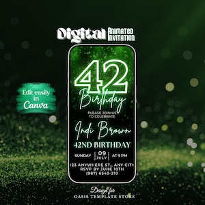 Groene 42e verjaardagsuitnodiging, aanpasbare video-uitnodigingssjabloon, 42e glitter telefoontekst evite, digitale kaart direct downloaden, 42e partij