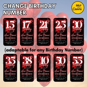 Pu&ograve; includere: Un modello di invito digitale per una festa di compleanno. Il modello presenta uno schema di colori rosso e nero con un design a schermo del telefono. Il testo "Birthday" &egrave; scritto in un carattere corsivo bianco. Il numero "15" &egrave; scritto in un carattere bianco in grassetto. Il testo "Ana Brown" &egrave; scritto in un carattere corsivo bianco. Il testo "15th Birthday" &egrave; scritto in un carattere bianco in grassetto. Il testo "Sunday, 09 July, At 9 PM" &egrave; scritto in un carattere bianco in grassetto. Il testo "23 Anywhere St., Any City" &egrave; scritto in un carattere bianco in grassetto. Il testo "RSVP by June 10th" &egrave; scritto in un carattere bianco in grassetto. Il testo "(907) 6543-210" &egrave; scritto in un carattere bianco in grassetto.