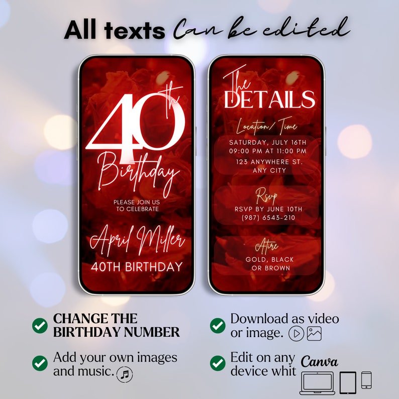 May include: A red and white 40th birthday invitation with a floral background. The invitation includes the text "40th Birthday", "April Miller", "The Details", "Location/Time", "Saturday, July 16th", "09:00 PM at 11:00 PM", "123 Anywhere St.", "Any City", "RSVP by June 10th", "(987) 6543-210", "Attire", "Gold, Black or Brown".