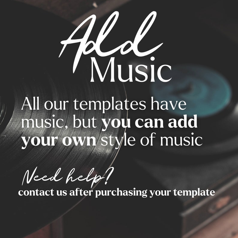 May include: Image featuring a close-up of a vinyl record with the text "Ald Music." The text encourages users to add their own style of music to templates. Additional text provides support information.