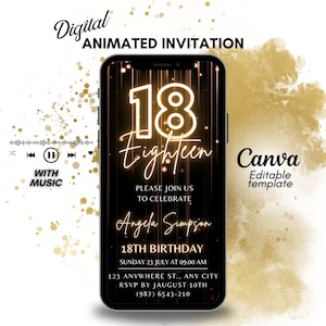 18th Gold birthday video invitation, mobile invitation birthday party, Gold Glitter digital invite. Eighteen invitation, animated invite