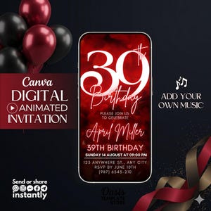 39th Birthday Digital Card, Glamorous Ruby Red Bokeh Animation, Instant Download, 39th animated invitation party, reed invitation