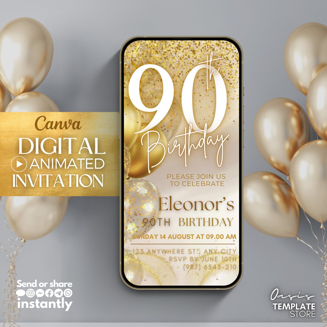 Ninety 90th Birthday Video Invitation, Gold Glitter Digital Invitation ...