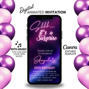 Invitación de cumpleaños sorpresa Shhh, invitación digital para fiesta, invitación en video rosa, invitación animada para mujeres, plantilla de sorpresa editable