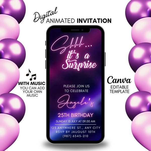 Shhh It's Surprise Birthday Invitation, Digital party invitation, Pink video invitation, Animated invite for women, Editable surprise invite