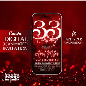 May include: A digital animated invitation for a 33rd birthday, featuring a red and white color scheme. The design includes the number "33" and the words "Birthday" and "April Miller." Additional text provides event details, with options to add music and share instantly.