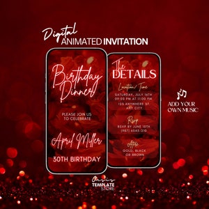 Puede incluir: Invitación digital animada para una cena de cumpleaños número 30. La invitación presenta un fondo floral rojo con una superposición de texto dorado. El texto incluye las palabras "Birthday Dinner", "April Miller", "30th Birthday", y "The Details". Los detalles incluyen la fecha, la hora, la ubicación, la información de RSVP y el atuendo.