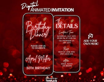 Dinner Birthday video Invitation, Red Glitter Digital Invitation, Dinner animated invite, digital invitation template, Dinner party invite