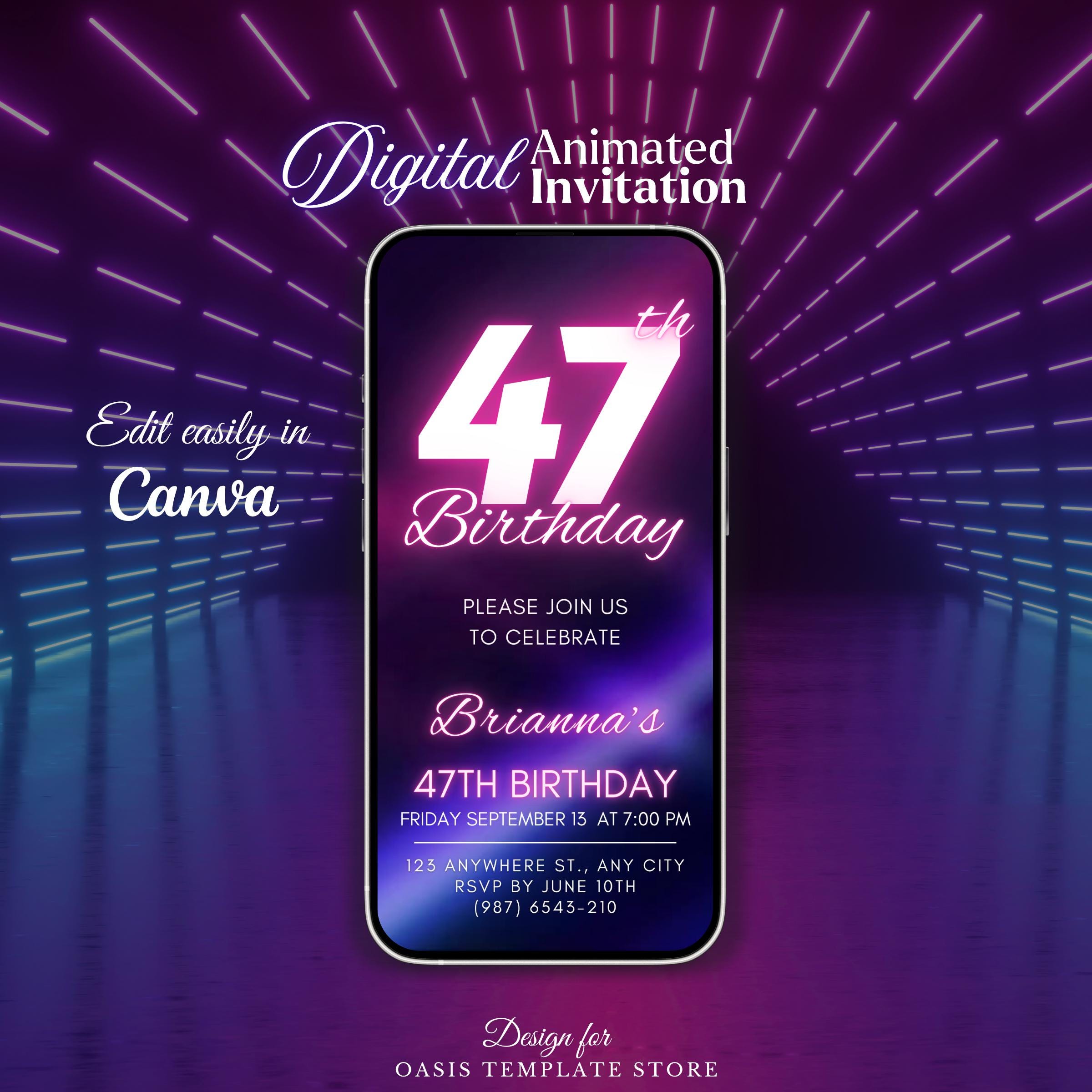 47th Birthday digital Invitation, Pink Neon editable template, 47th animated video invite, 47th Party evite, editable canva invitation