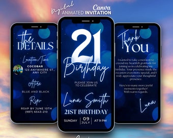 21. cyfrowe zaproszenie urodzinowe, 21. zaproszenie mobilne, szablon cyfrowego zaproszenia Blue Glitter, impreza powitalna Blue Text, 21. zaproszenie