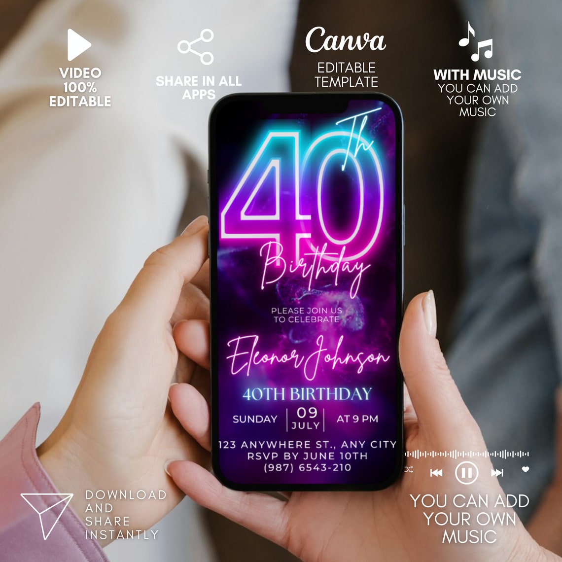 Digital 40th Birthday Invitation, Neon Pink Invite, Forty Video ...