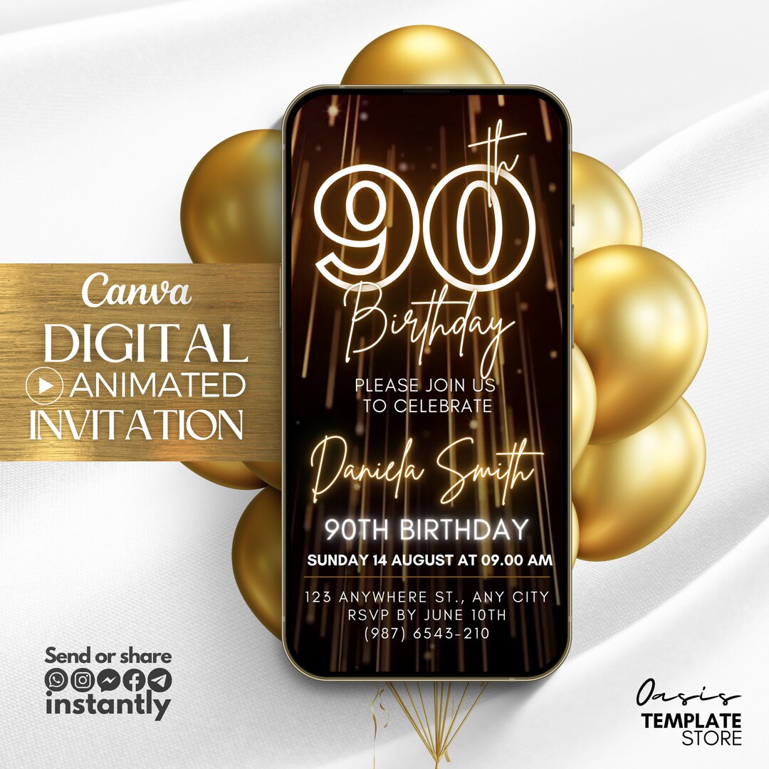 Ninety 90th Birthday Video Invitation, Gold Glitter Digital Invitation ...