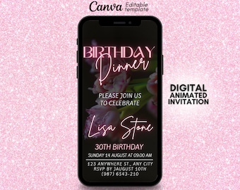 Pink floral Birthday Dinner invitation, Digital Birthday dinner video Invitation, Dinner Party, Canva video invite | ALL Text are editable