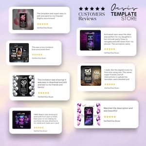 May include: A collage of customer reviews for digital invitations. The reviews highlight the ease of use, quality, and customer service. The reviews include text and images of the invitations.