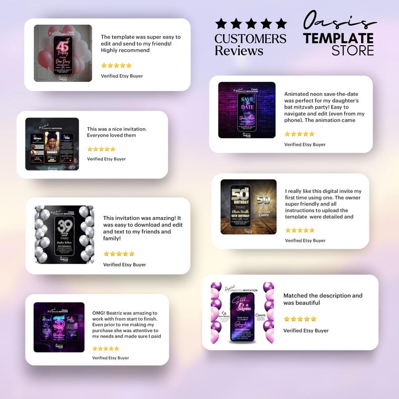 May include: A collage of customer reviews for digital invitations. The reviews highlight the ease of use, quality, and customer service. The reviews include text and images of the invitations.