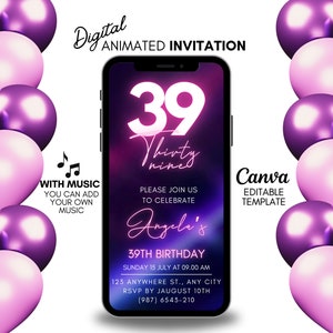 39th Birthday Video Invitation, Editable Pink Digital Party Invite, Animated Canva Template for Women, Mobile Video Invitation