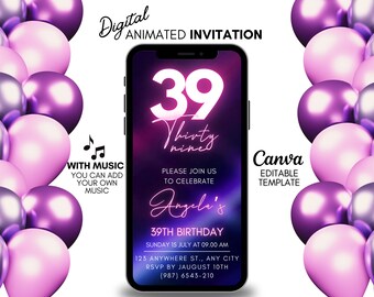 Puede incluir: Invitación digital animada para un 39 cumpleaños. El diseño presenta un teléfono inteligente que muestra los detalles del evento sobre un fondo degradado púrpura y azul. Globos en tonos morados y rosas rodean el teléfono.
