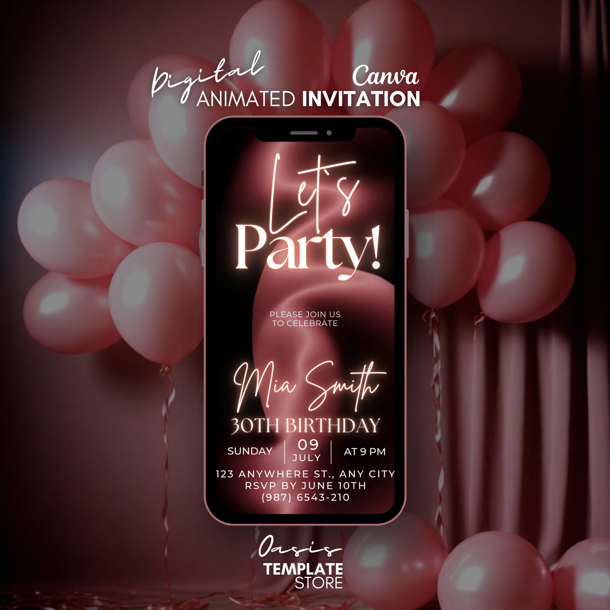 Party Birthday Digital Invitation, Pink Silver Animated Invitation