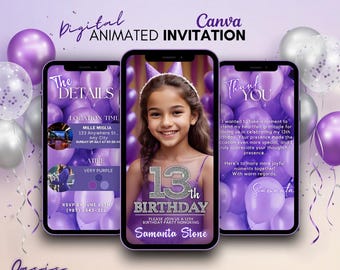 Animated 13th Birthday Invitation Canva Template Purple Balloon Girl Digital Download Editable Video Invite Instant Access Teen Party