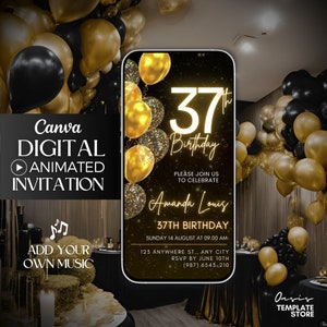 Digital 37th Birthday video Invitation, 37th animated invite, 37th editable invitation party, Gold Balloons Glitter Invitation, 37th evite