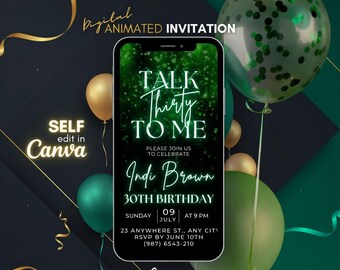 30th Birthday Invitation Canva Template, Talk Thirty To Me, Editable Green Glam Digital Download, Animated Phone Invite, Send via WhatsApp