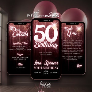 50th Birthday Digital invitation, editable video invite, Fifty party animated invitation, Rose glitter invitation, 50th Phone invitation