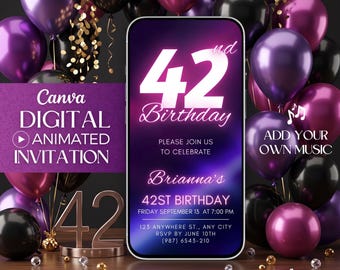 Pink Neon 42nd Birthday Invite, Animated Glow Birthday Video Invitation, Digital Forty Two Party Evite, Smartphone Editable Template