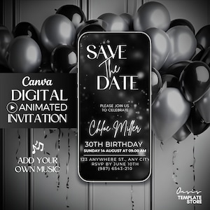 Save the Date Birthday video Invitation, Silver Glitter Digital Invitation, editable mobile invite, digital invitation template, party evite