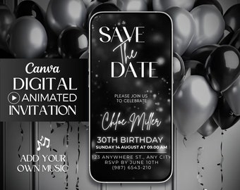 Invito video di compleanno "Save the Date", invito digitale glitter argento, invito mobile modificabile, modello di invito digitale, invito per feste