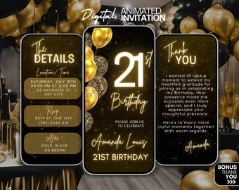 Convite de vídeo digital para aniversário de 21 anos, convite animado, festa de convite editável para 21 anos, convite com glitter e balões dourados, convite para 21 anos