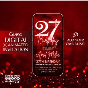 27th Birthday video Invitation, Red Glitter Digital Invitation, 27th mobile invite, digital invitation template, 27th red party invitation