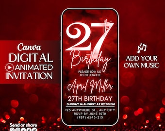 27th Birthday video Invitation, Red Glitter Digital Invitation, 27th mobile invite, digital invitation template, 27th red party invitation