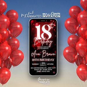 Eighteen 18th Birthday video invitation, Red glitter invitation, Phone invitation, 18th Digital invitation, animated template invite