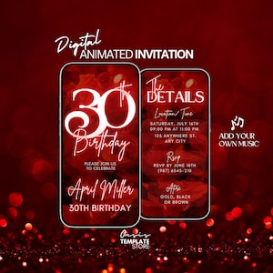 Invitación en video para el 30.° cumpleaños, invitación digital con purpurina roja para el 30.° cumpleaños, invitación animada, plantilla de invitación digital, 30.° cumpleaños