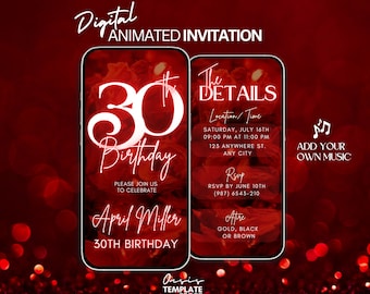 Thirty 30th Birthday video Invitation, 30th Red Glitter Digital Invitation, animated invite, digital invitation template, 30th birthday