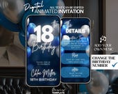 Eighteen 18th Birthday Invitation, 18th Blue and silver video Invitation, Navy blue 18th  digital invitation, animated invitation template