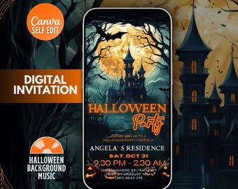 May include: Digital Halloween party invitation with a spooky castle, bats, and a full moon. The invitation includes the text "Halloween Party" and event details. The design is orange, black, and teal.