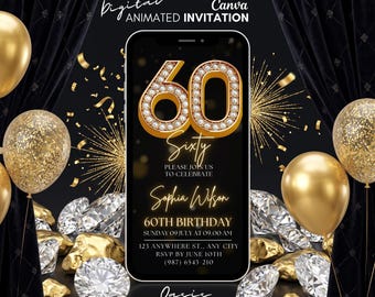 Black and Gold 60th Birthday Video Invitation (Digital)