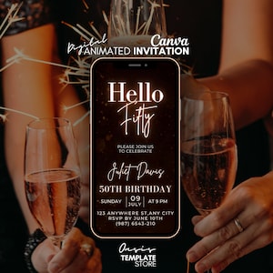 Hello Fifty 50. Geburtstag Video-Einladung, Bronze Gold digitale Einladung, mobile Party Einladung, Canva Vorlage einladen, 50.Einladung