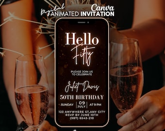 Hello Fifty 50th Birthday video Invitation, Bronze Gold Digital Invitation, mobile party invitation, canva template invite, 50th invitation