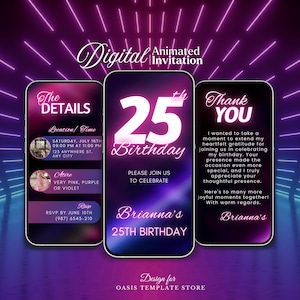 Digital 25th Birthday Invitation, Pink Neon 25th video Invitation, 25th animated mobile invitation template, 25th Birthday Party evite