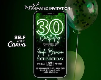 30th Birthday video invitation, Green glitter invitation, phone text evite, 30th Digital invitation, Thirty animated template invite