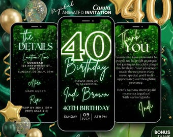 40th Birthday video invitation, Green glitter invitation, phone text evite, Forty Digital invitation, animated template invite, 40th evite
