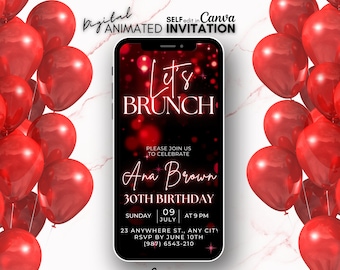 Invito video per il brunch di compleanno, Invito con glitter rosso, Invito telefonico, Invito digitale, Invito con modello animato, Invito per il brunch